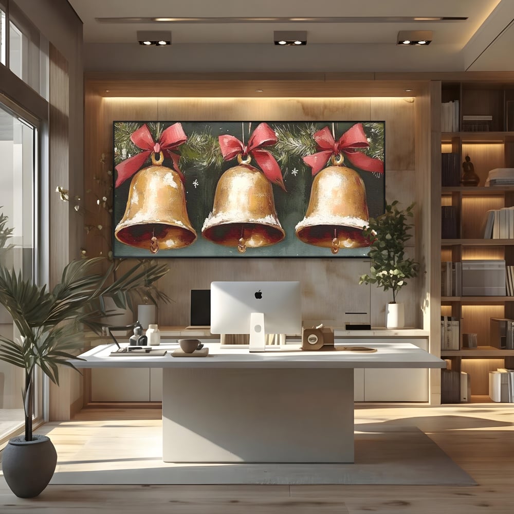 Tablou canvas cu pictura cu clopote aurii de craciun, in rama de aluminiu negru, pe perete intr-un birou